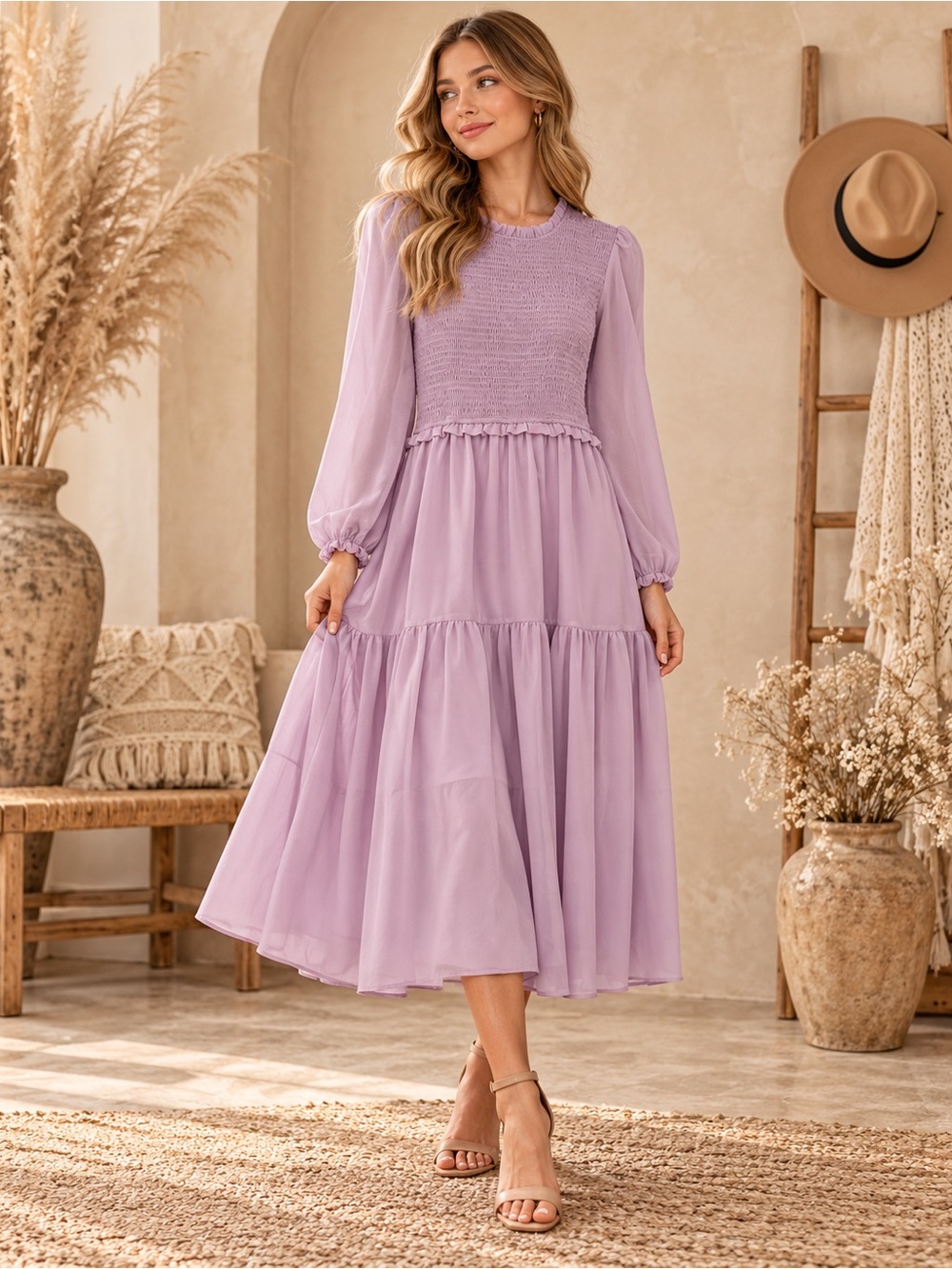 Romantic Lavender Smocked Midi Dress
